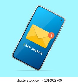 New Message Concept Mobile Phone Touch Screen with Envelope. Vector illustration of Letter and Telephone Communication Symbol
