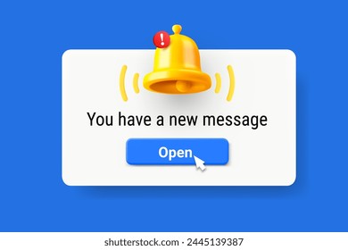 New message concept. Notification bell with exclamation point. Vector 3d illustration 