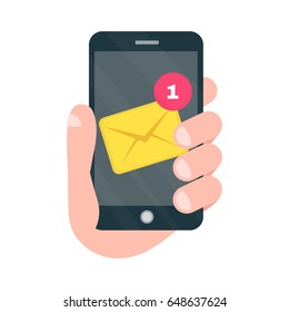 New message concept. Vector modern style cartoon illustration icon design. Hand held smartphone with new, unread email notification on mobile phone.