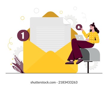 New message concept. Woman sits next to envelope, worker conducts business correspondence, clears e mail. Notification and reminder. Communication in social networks. Cartoon flat vector illustration