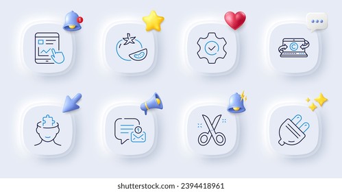 New message, Electric plug and Copywriting notebook line icons. Buttons with 3d bell, chat speech, cursor. Pack of Scissors, Mental conundrum, Execute icon. Tomato, Internet report pictogram. Vector