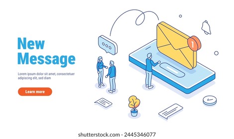 New message or email on smartphone isometric concept. Notification when you receive a new message on your phone. Email marketing or spam. Vector line style illustration isolated on white background.