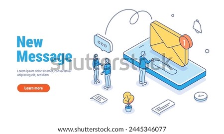 New message or email on smartphone isometric concept. Notification when you receive a new message on your phone. Email marketing or spam. Vector line style illustration isolated on white background.