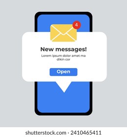 New message. email pop up. Incoming, open messaging. Notification Boxes Template for Iphone. Smartphone Message Interface. Vector illustration. Android. Smartphone. IMessages. We Chat. Line. Whatsapp.