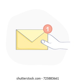 New Message, hand holding Mail Envelope with notification. Chatting, messaging concept. Flat outline vector illustration on white background.