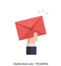 New Message, hand holding Mail Envelope with notification. Chatting, messaging concept. Flat vector illustration on white background.