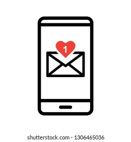 New message with heart alert on mobile. Stroke outline style. Line vector. Isolate on white background.