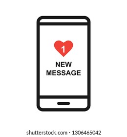New message with heart alert on mobile display. Stroke outline style. Line vector. Isolate on white background.