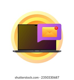 New message icon. Flat, color, new message on laptop, laptop icon, 1 new message. Vector illustration
