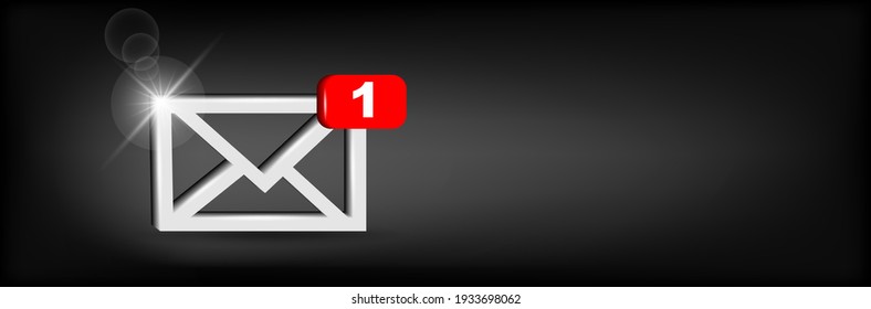 New message icon with notification on black background. Social media chat communication. New e-mail. 3d vector illustration