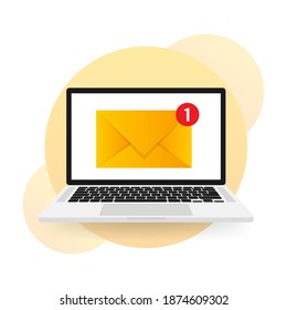 New message icon on screen of laptop. Smartphone, mobile, laptop. New nessage in flat style. Vector illustration.