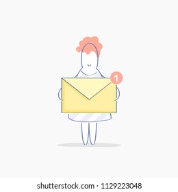 New message, inbox letter concept. Cute funny woman holds a yellow envelope with notification, this is a new email letter. Correspondence, communication, messaging concept. Modern flat line design.