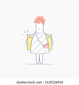 New message, inbox letter concept. Cute funny mailman hides the letter envelope behind her back, this is a new email letter. Correspondence, communication, messaging concept. Modern line design.