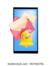 New message, incoming notification icon, chat alert bell, smartphone screen, opened letter, envelope. Email alarm, sms push web symbol with kawaii smiling doorbell. Online message notification concept