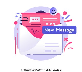 New message or mail in an envelope. Cartoon flat vector illustration. Send letter. Messaging and chatting. Push notification.
