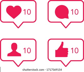 New message and notification bubble. Like, comment, contact, friend request, follow icons. Quantity number notification icons. Social media app icons. Vector.