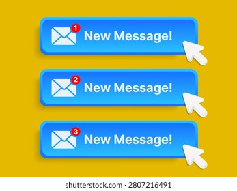 New Message Notification Button Set with Email Alert Badge, Mail Popup, Cursor Click and UI UX Interface Vector Illustration