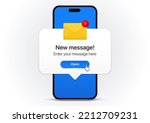 New message notification concept on realistic smartphone mockup. New email pop up. Incoming, open messaging. Chatting, mail, post, letter symbol, sign, emblem with new notification for UI UX website