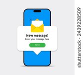 New message notification concept on realistic smartphone mockup set. New email pop up. Incoming, open messaging. Chatting, mail, post, letter symbol, sign, emblem with new notification for UI UX websi