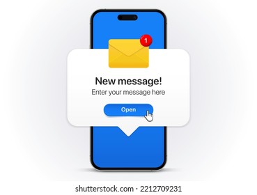 New message notification concept on realistic smartphone mockup. New email pop up. Incoming, open messaging. Chatting, mail, post, letter symbol, sign, emblem with new notification for UI UX website - Shutterstock ID 2212709231
