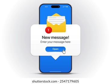 Novo conceito de notificação de mensagem em maquete de smartphone realista. Pop-up de novo email. Mensagens de entrada e abertas. Chat, email, postagem, símbolo de carta, sinal, emblema com nova notificação para o site de UI UX