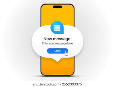 Novo conceito de notificação de mensagem em maquete de smartphone realista. Pop-up de novo email. Mensagens de entrada e abertas. Chat, email, postagem, símbolo de carta, sinal, emblema com nova notificação para o site de UI UX