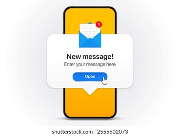 New message notification concept on realistic smartphone mockup. New email pop up. Incoming, open messaging. Chatting, mail, post, letter symbol, sign, emblem with new notification for UI UX website