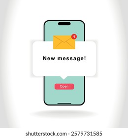 New message notification concept on flat smartphone mockup. New email pop up. Incoming, open messaging. Chatting, mail, post, letter symbol, sign, emblem with new notification for website