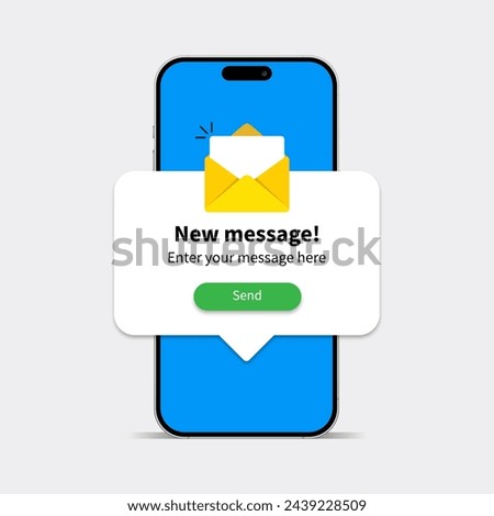 New message notification concept on realistic smartphone mockup set. New email pop up. Incoming, open messaging. Chatting, mail, post, letter symbol, sign, emblem with new notification for UI UX websi