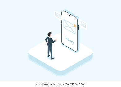 New message notification in email box on smartphone screen. Email in box. Isometric flat design concept.