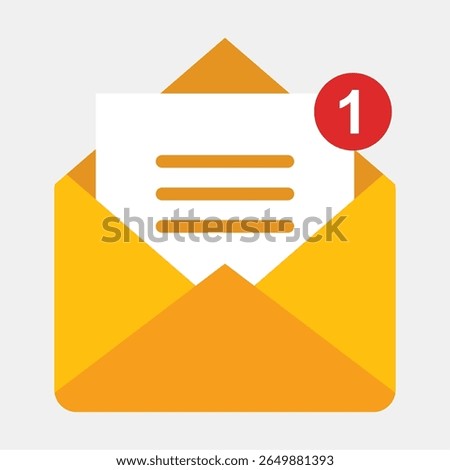 New message notification icon with an open envelope. Symbol for one unread email, important alert, or incoming update in an application inbox.