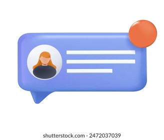 New message notification icon. Receiving online comment. Speech bubble. Messaging, internet communication concept. Social media, digital response. 3D vector illustration isolated on white background