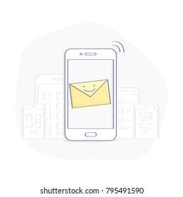 New message notification, inbox letter. Cartoon cute and funny smart phone with new smiley message alert concept on the screen. Flat outline illustration element concept for web and mobile design.