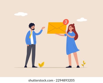 New message notification, letter in online envelope concept. Inbox mail. E-mail marketing, subscription, communication. Newsletter in mailbox. Workers with a postal envelope in their hands.