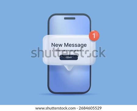 New message notification on modern smartphone. 3D render vector illustration. New email pop up. Incoming, open messaging. Chatting, mail, post, letter symbol, sign, emblem with new notification