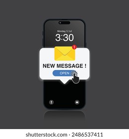 New Message Notification on Realistic Smartphone Mockup. Messenger, SMS, Email, Chat, Mail UI or UX Concept. Vector.