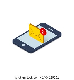 New message notification on smartphone screen Isometric icon. Vector isolated 3d illustration.