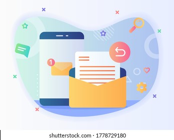 New Message Notification On Smartphone Screen Reply Email Concept Email Service With Flat Style.