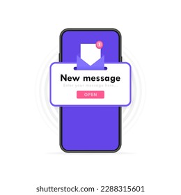 Neue Meldungsbenachrichtigung mit offenem Umschlag auf dem Bildschirm. Pop-up E-Mail-Design für Chat, E-Mail und Nachrichten. Moderne, flache Vektorgrafik.
