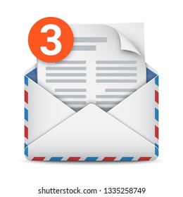 New message notification, three incoming messages, mail or email icon. Opened envelope with letter and message counter. Vector illustration on white background