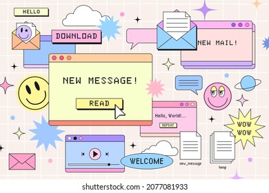 New message notification web banner template in retro computer browser interface style. 90s style design for mail marketing. Window tab with new message, vintage browser dialog tab and smile stickers.