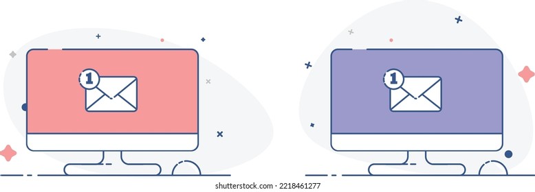 New message on desktop computer screen, new email notification icons with different color, vector graphic with black solid line art and beautiful elements