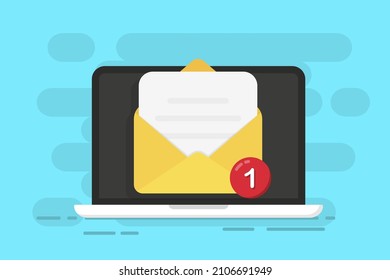 New message on the laptop screen. Unread notification. Online chat. Email messages inbox notification. Envelope with new message. E-mail marketing, internet advertising concept. Vector illustration