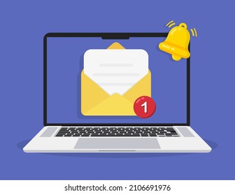 New message on the laptop screen. Unread notification. Online chat. Email messages inbox notification. Envelope with new message. E-mail marketing, internet advertising concept. Vector illustration