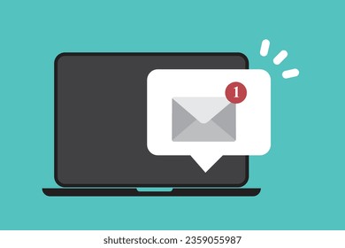 New message on the laptop screen. Unread notification. Online chat. Email messages inbox notification. Envelope with new message. E-mail marketing, internet advertising concept. Vector illustration