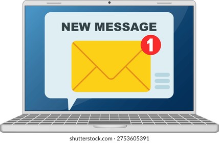 New message on laptop screen, yellow mail envelope