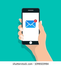 A new message on the phone in the man's hand. Vector illustration.