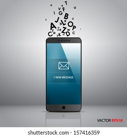New message on realistic smartphone vector. Flying letters above it.