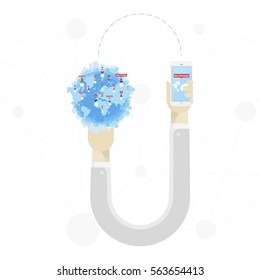 New message on smartphone. Global social network and teamwork. Concept on a background map of the world and the city skyline. Flat vector illustration EPS 10