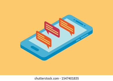 New message on the smartphone screen. 
Chat messages notification on smartphone. Isometric vector illustration.
